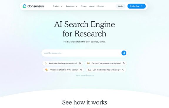 Consensus AI search engine summarizing academic research for students and educators