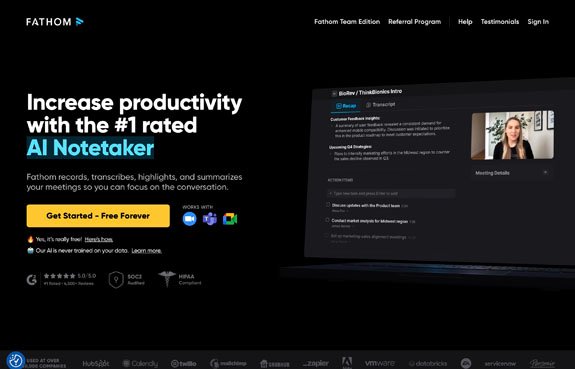 Fathom AI meeting assistant for transcribing and summarizing video calls and class discussions