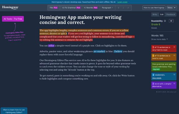 Hemingway Editor writing tool for improving clarity, readability, and sentence structure