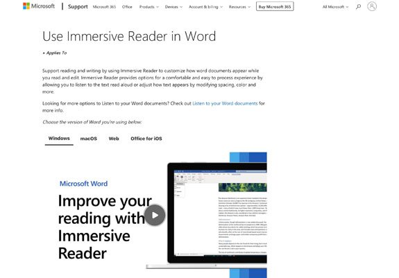 Microsoft Immersive Reader tool for improving reading comprehension and accessibility