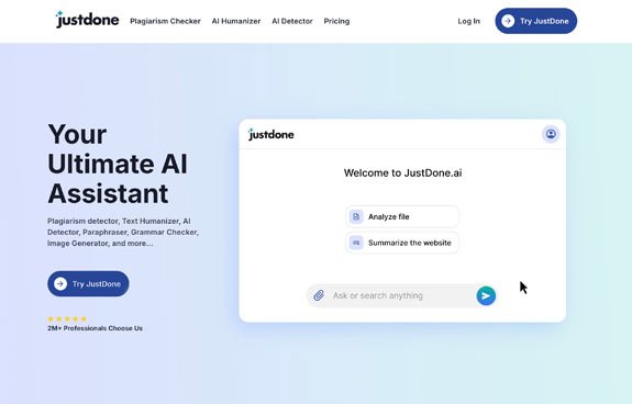 Justdone.ai AI content generator for SEO, emails, blogs, and academic writing support